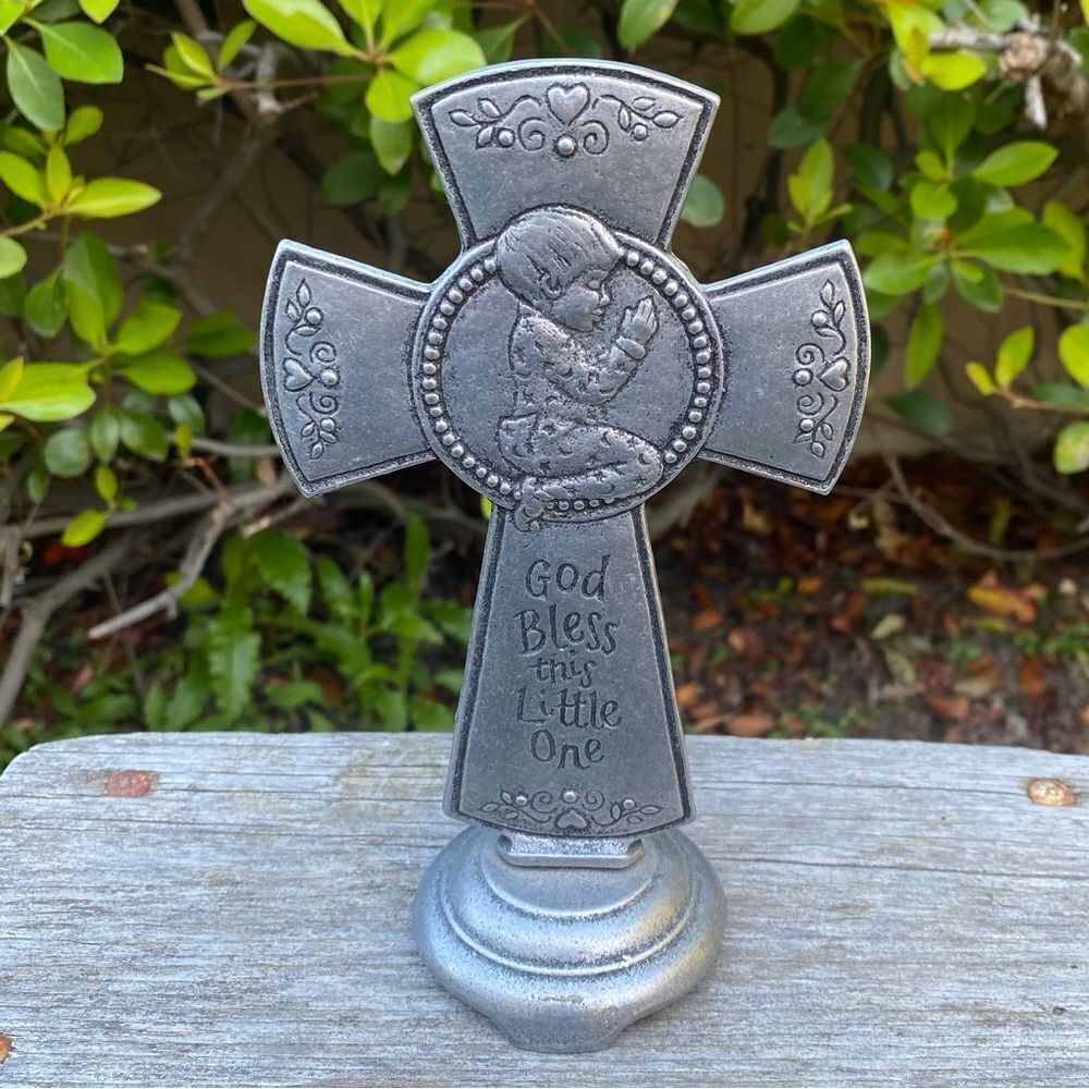 Carlson Praying Child Silver Cross "God Bless This Little One"